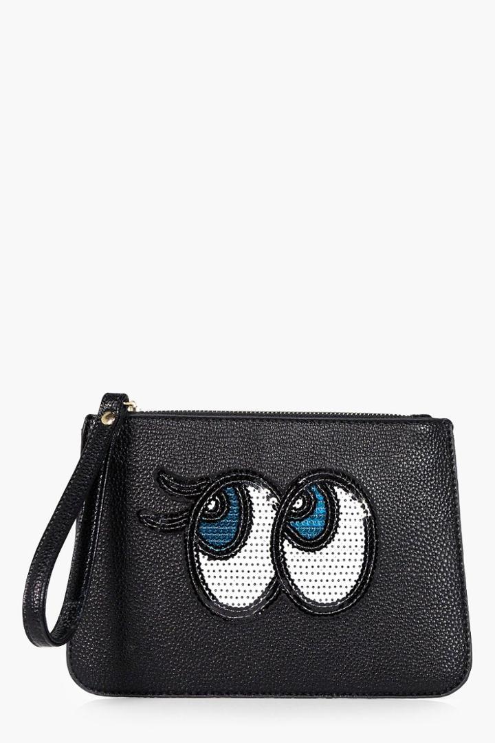 Boohoo Ebony Sequin Eyes Handstrap Clutch Black