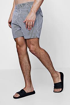 Boohoo Navy Slim Stripe Swim Shorts