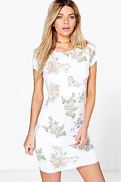 Boohoo Tamara Oriental Floral Cap Sleeve Shift Dress