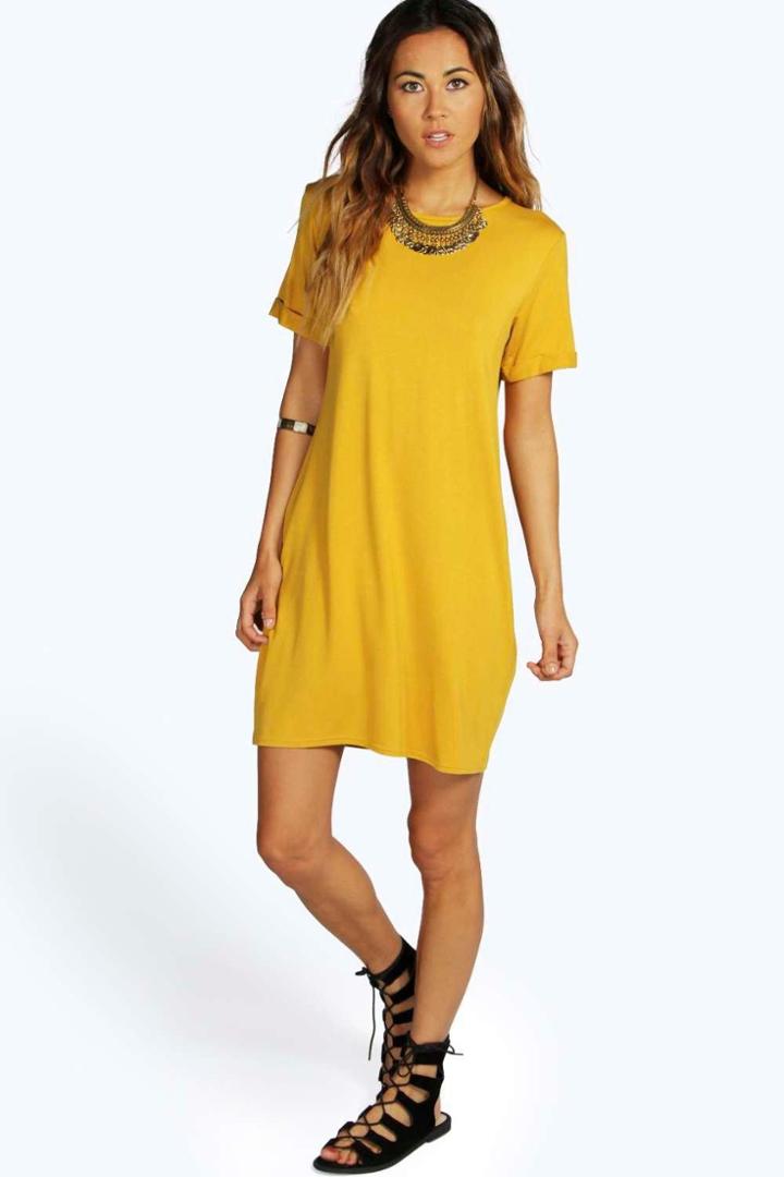 Boohoo Sanita Turn Back Cuff Shift Dress Mustard