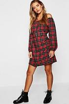Boohoo Tartan Off Shoulder Belted Dress