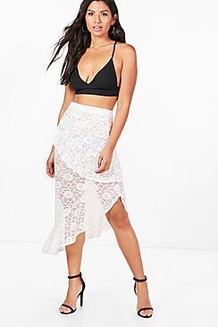 Boohoo Saffie Sheer Lace Ruffle Hem Midi Skirt