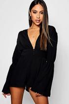 Boohoo Plunge Button Front Flare Sleeve Playsuit