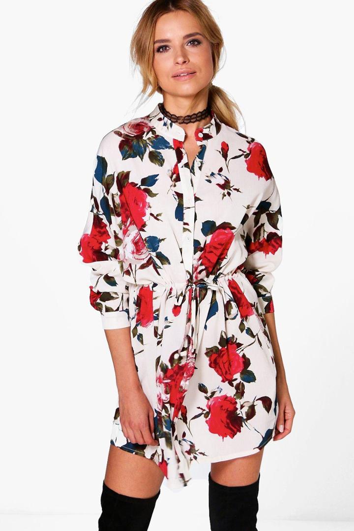 Boohoo Caitriona Floral Print Tie Waist Shirt Dress White