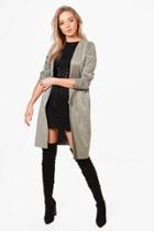 Boohoo Livia Ruched Sleeve Suedette Duster Khaki