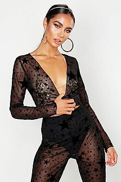 Boohoo Flock Mesh Star Print Crop Top