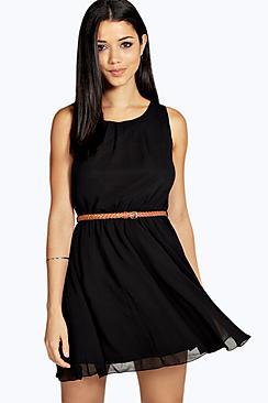 Boohoo Frankie Sleeveless Chiffon Belted Skater Dress