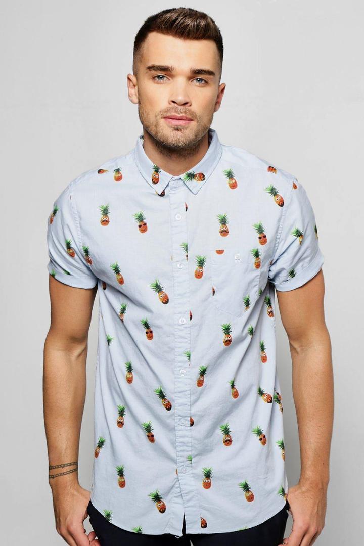 Boohoo Short Sleeve Pineapple Print Shirt Blue