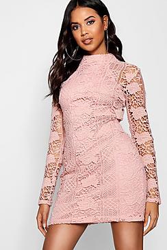 Boohoo Lace Panelled High Neck Bodycon Dress