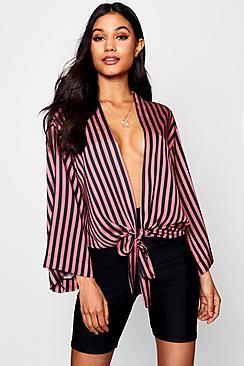 Boohoo Olivia Satin Stripe Tie Bottom Duster Co-ord
