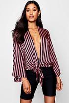 Boohoo Olivia Satin Stripe Tie Bottom Duster Co-ord