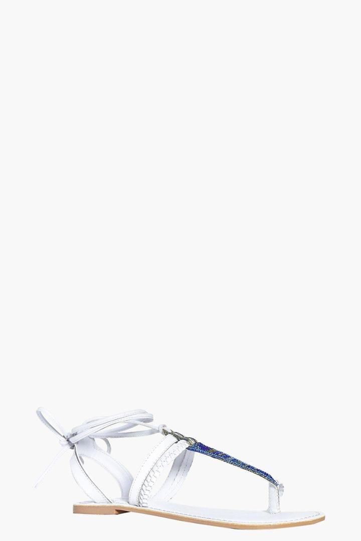 Boohoo Iris Embroidered Wrap Strap Leather Sandal White