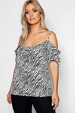 Boohoo Plus Zebra Print Open Shoulder Top