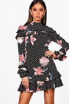 Boohoo Boutique Di Polka Floral Ruffle High Neck Dress