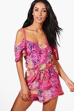 Boohoo Poppy Pineapple Cold Shoulder Beach Dress