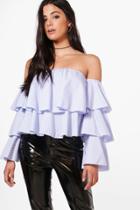 Boohoo Grace Stripe Bardot Tier Sleeve Crop Blue