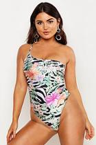 Boohoo Tropical Zebra One Shoulder Swimsuit
