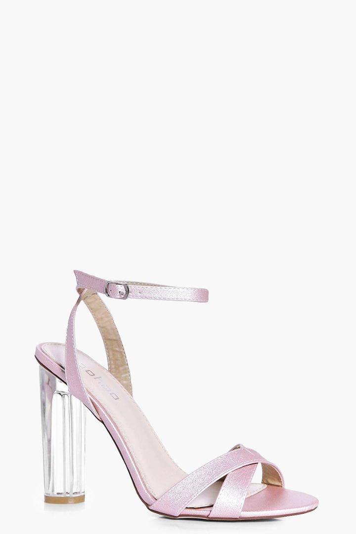 Boohoo Lola Bridal Cross Front Clear Heel Sandal Pink