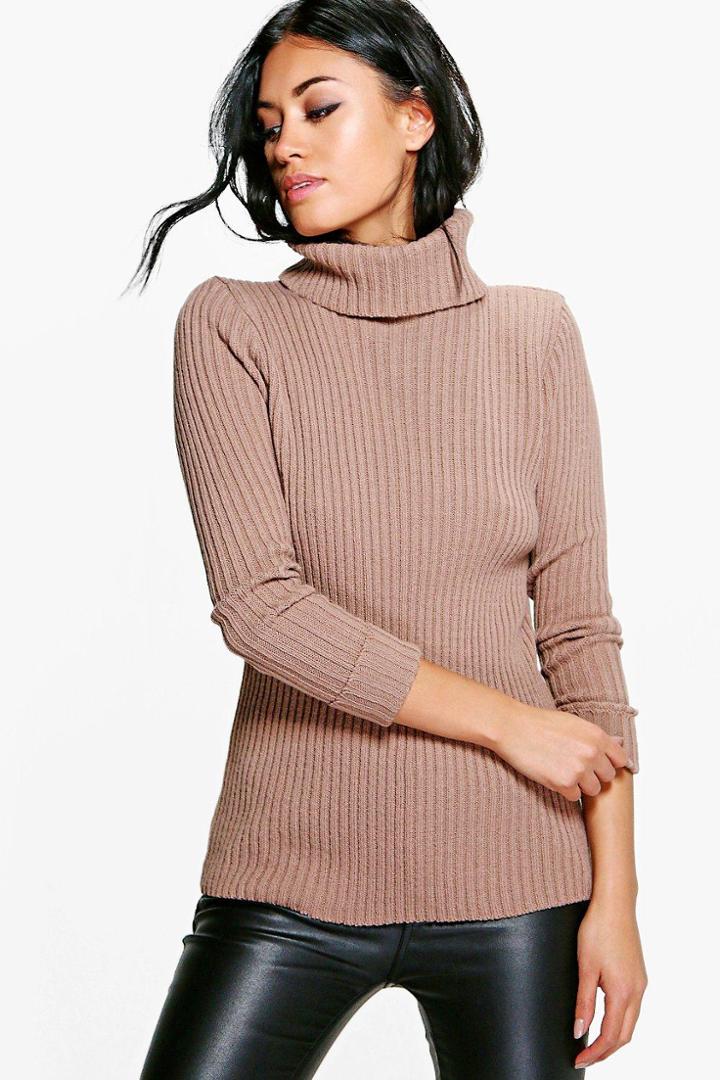Boohoo Faith Turn Up Cuff Rib Knit Jumper Camel