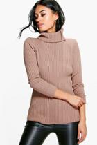 Boohoo Faith Turn Up Cuff Rib Knit Jumper Camel
