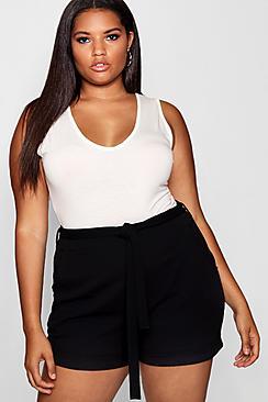 Boohoo Plus Tie Waist Crepe Shorts