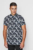 Boohoo Mono Floral Print Short Sleeve Satin Shirt