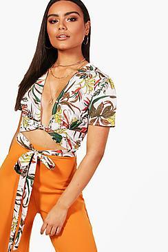 Boohoo Olivia Safari Floral Wrap Tie Crop