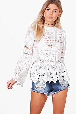 Boohoo Petite Katy Crochet Lace Peplum Bell Sleeve Top