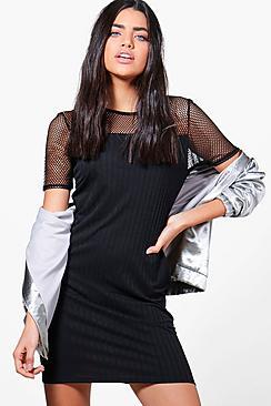 Boohoo Vanessa Mesh Detail Rib Knit Dress
