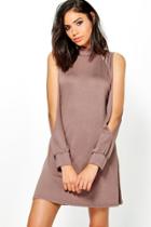 Boohoo Hedda High Neck Split Sleeve Swing Dress Mocha