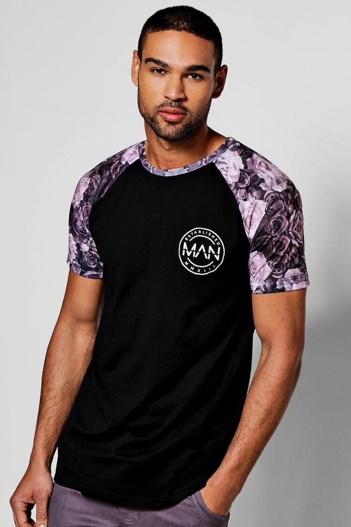 Boohoo Raglan Floral Print T Shirt Black