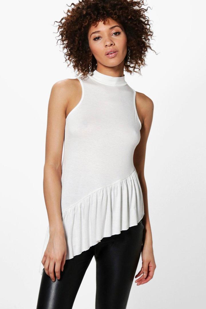 Boohoo Mila Ruffle Hem Asymmetric Tank Top White