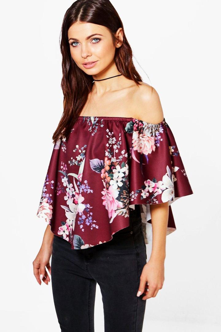 Boohoo Aimee Floral Curved Hem Bardot Top Berry