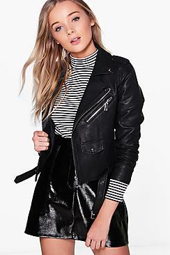 Boohoo Lena Boutique Belted Vegan Leather Biker Jacket