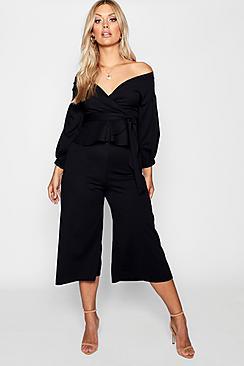 Boohoo Plus Off Shoulder Wrap Culotte Co-ord