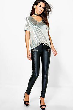 Boohoo Sofia Coated Quilted Panel Stretch Skinny Trousers