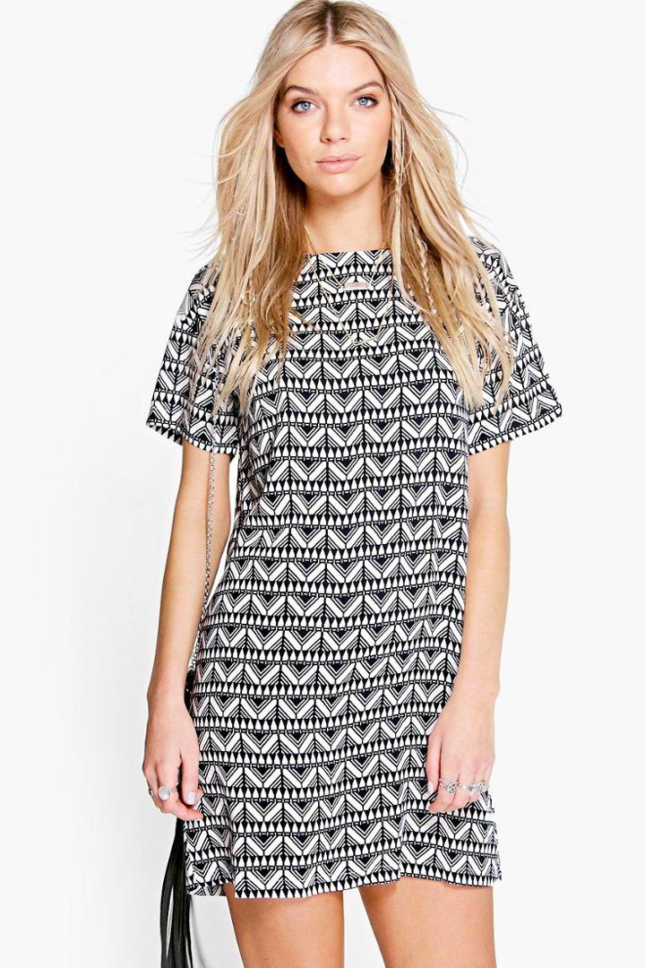 Boohoo Doina Geo Print Shift Dress White