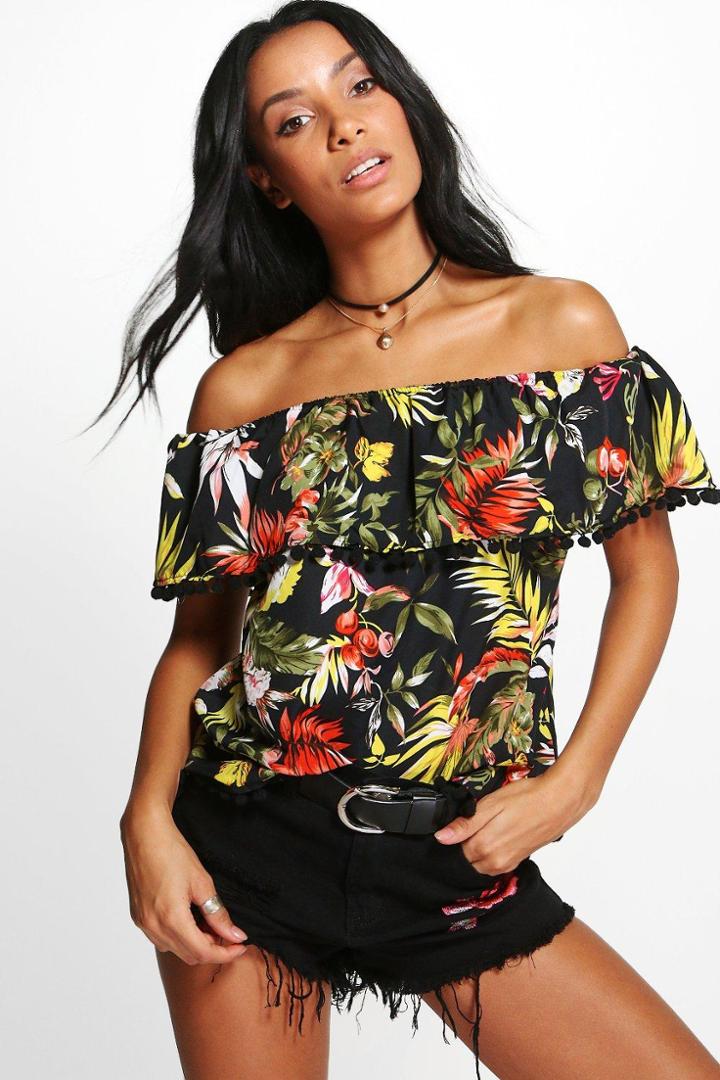 Boohoo Josie Tropical Print Pom Pom Off The Shoulder Top Multi