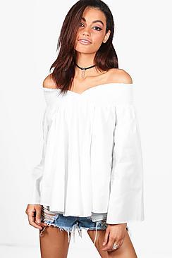 Boohoo Heidi Shirred Bardot Cotton Swing Top