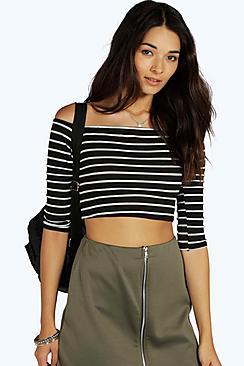Boohoo Andrea Striped Bardot Rib Crop Top