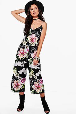 Boohoo Mia Floral Print Lace Up Back Culotte Jumpsuit