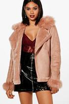 Boohoo Jessica Boutique Faux Fur Collar And Cuff Aviator Jacket