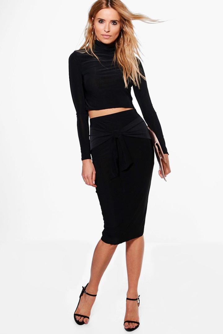Boohoo Polly Roll Neck Crop & Tie Skirt Co-ord Black