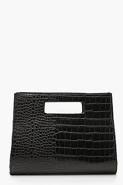 Boohoo Croc Structured Handle Clutch Bag