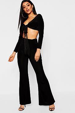 Boohoo Tie Detail Top + Wide Leg Trouser Co-ord