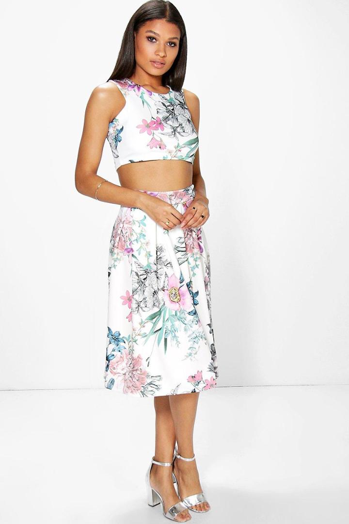Boohoo Vio Floral Print Crop & Full Midi Skirt Co-ord Set Multi