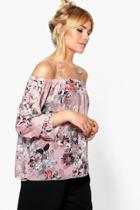 Boohoo Nicky Woven Printed Off The Shoulder Top Nude
