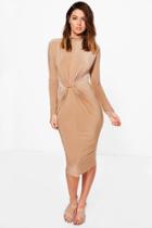 Boohoo Deborah High Neck Ruched Slinky Midi Dress Mink