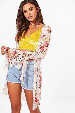 Boohoo Petite Emilie Mesh Print Tie Sleeve Kimono