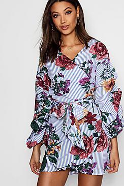 Boohoo Tall Fiona Floral Stripe Wrap Mini Dress